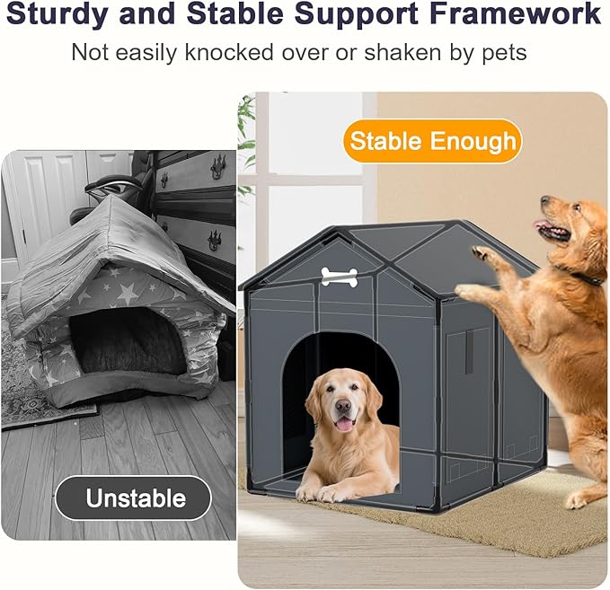 Extra Large Dog House Indoor with Plush Cushion, Dog Kennel for Inside with Sturdy Frame, Waterproof Pet House Suitable for Medium Large Dogs, 34x27x34in, Gray