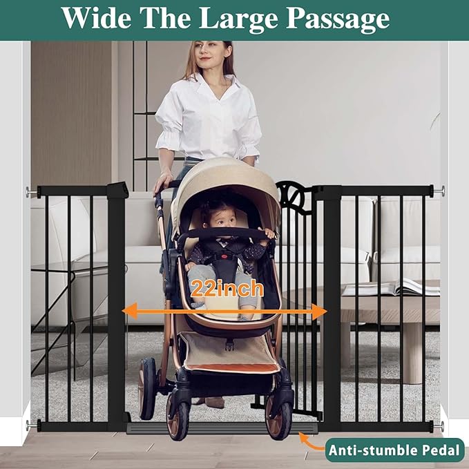 Black Baby Gate with Door-Walk Through Baby Gates for Stairs Pressure Mounted no Drill-Indoor Tension Metal Child Pet Dog Safety Gate 37.80"-40.55" Wide