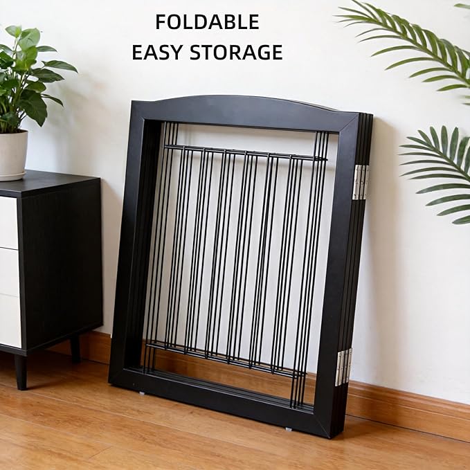 ZJSF Freestanding Foldable Dog Gate for House Extra Wide Wooden Black Puppy Gate Stairs Dog Gates Doorways Tall Pet Gate 3 Panels Pet Fence