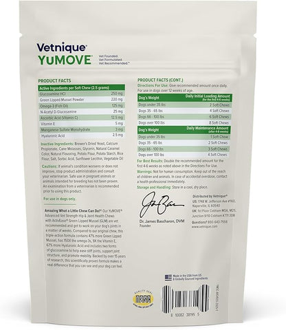 YuMOVE Hip & Joint Supplement for Dogs with Glucosamine, Hyaluronic Acid, Green Lipped Mussel & Omega 3 Joint Supplement - Regular or Advanced Strength (45ct Chews, Advanced Strength)