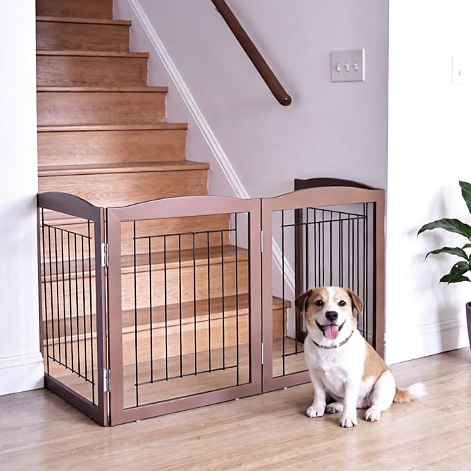 ZJSF Freestanding Foldable Dog Gate for House Extra Wide Wooden Indoor Puppy Gate Stairs Doorways Pet Gate Tall Dog Fence 2 Panels Fence Brown