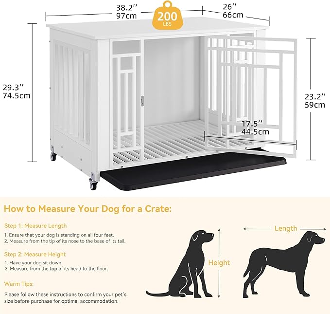 DWVO Dog Crate Furniture with Wheels, 38 Inch Dog Kennel Indoor Heavy Duty End Table Dog Crate for Large Medium Dogs, Decorative Wooden Dog Cage Table with Removable Tray, Chew-Resistant, White