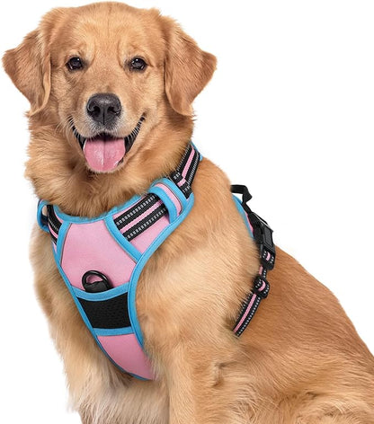rabbitgoo Dog Harness No Pull with 2 Leash Clips, Adjustable Soft Padded, Reflective Oxford No Choke Pet Vest with Easy Control Handle for Large Dogs, Pink & Blue, XL
