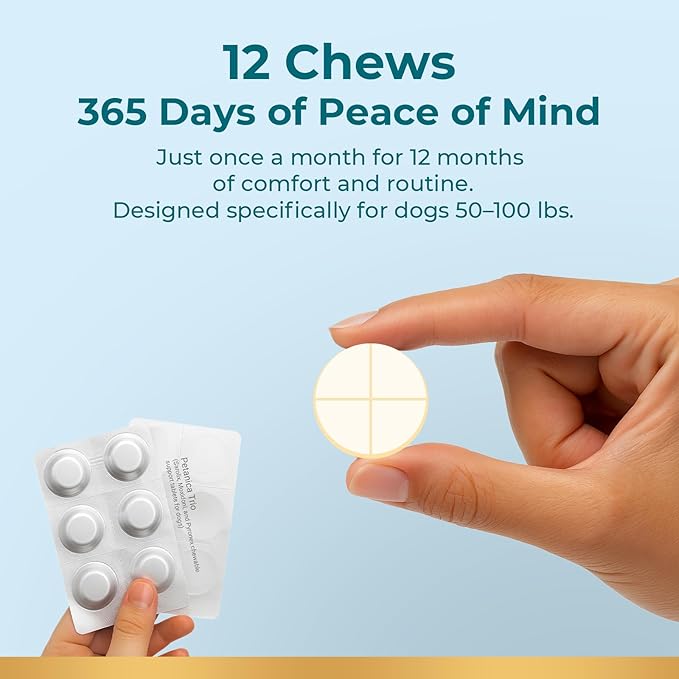 Triple Wormer Dog Tablets-Dewormax for Large Dogs Supports Removal of Tapeworms Roundworms & Hookworms 48 mg/tab for Dogs 51-100lbs, 12 Tablets Supply