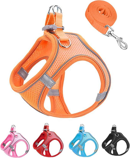 M Orange Soft Mesh Dog Harness and Leash Set,No Escape Puppy Harnesses for Training Walking， Reflective Adjustable Puppy Vest for Small Medium Dogs, Cats (Orange, M)