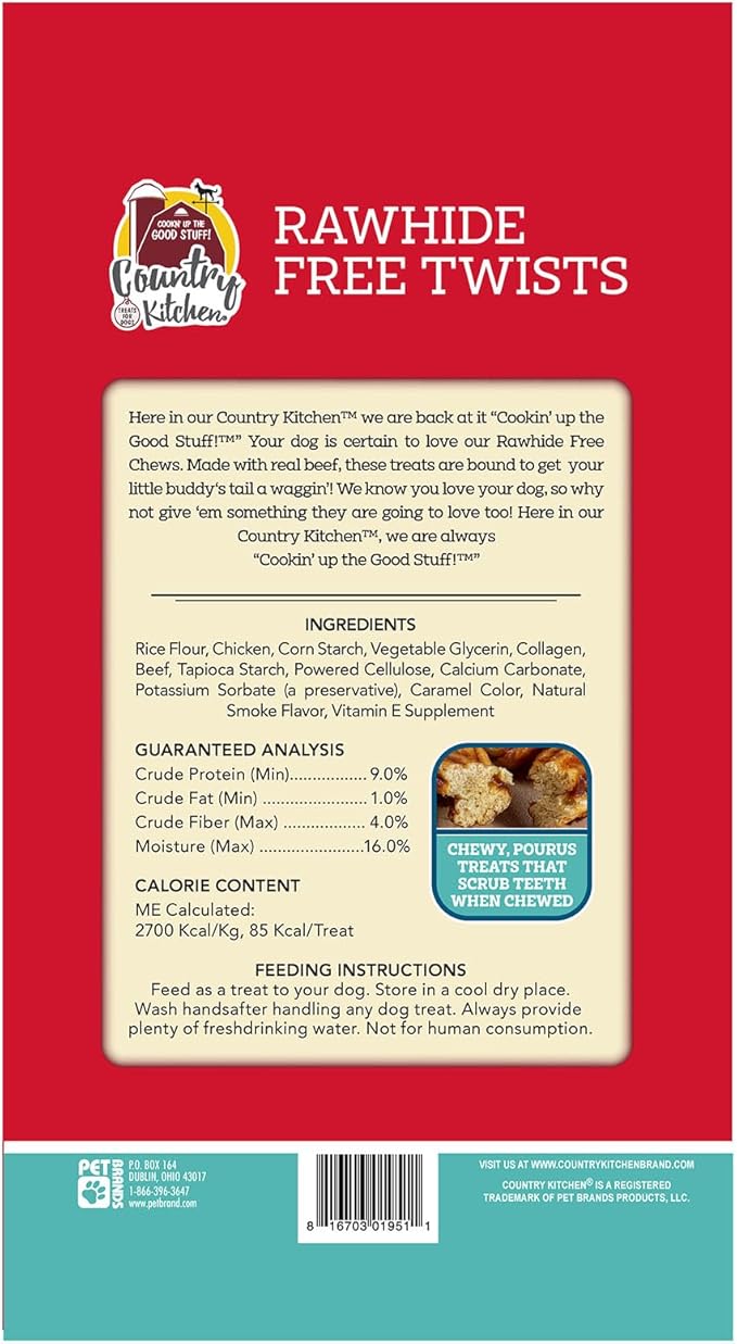 Country Kitchen Rawhide Free Beef Twists Dog Chews, Made with Real Beef, Highly Digestible, Gluten Free, 3 Count