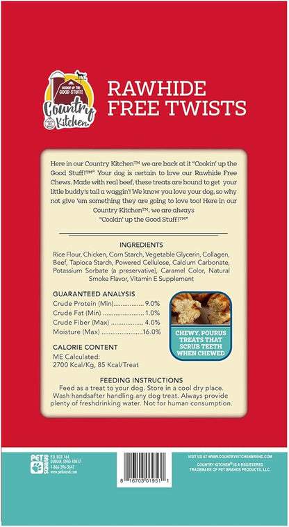 Country Kitchen Rawhide Free Beef Twists Dog Chews, Made with Real Beef, Highly Digestible, Gluten Free, 3 Count
