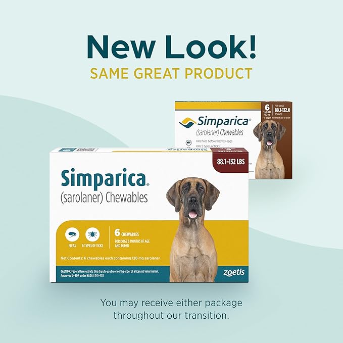 Simparica (sarolaner) Chewables for Dogs, 120 mg/tab, 88.1-132 lbs (Brown), 3 Tablets