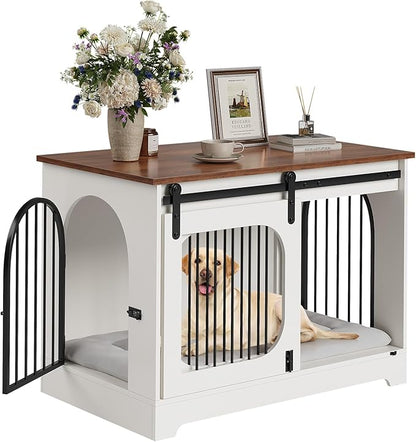 Dog Crate Furniture, 39.4 in Dog Kennel for Dogs Up to 70 LB, with Bed Mat, Heavy-Duty Dog Cage End Table, Three Doors Dog House, White/Brown