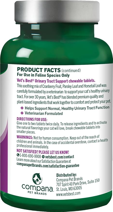 Vet's Best Cat Urinary Supplement, Urinary Tract Support Chewable for Cats, Supports A Healthy Urinary Tract in Cats, 60 Chewable Tablets