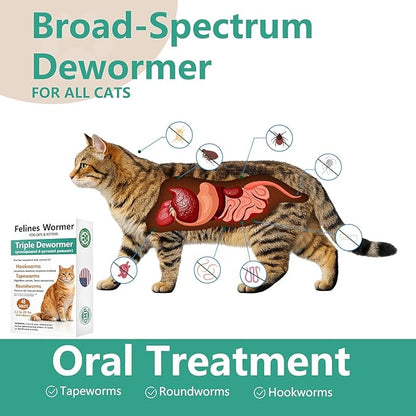 Cat Dewormer for Cats & Kittens –Broad Spectrum Triple Wormer Tablets with Praziquantel & Pyrantel Pamoate for Tapeworms, Roundworms & Hookworms, 48 Tablets