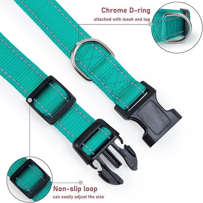 Reflective Dog Collar with Buckle Adjustable Safety Nylon Collars for Small Medium Large Dogs, Green XL