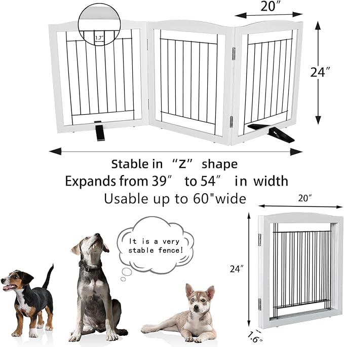 ZJSF Freestanding Dog Fence Indoor, Foldable Dog Gate for Doorways, Stairs or Hallways, Sturdy Wood Extra Wide Pet Gate with Support Feet for The House, White, 24 "Height-3 Panels