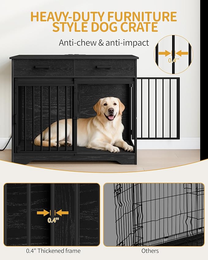 Hzuaneri 38.2'' Dog Crate Furniture with Charging Station, Barn Door Dog Kennel Indoor with 2 Storage Drawers, Wooden Pet Cage End Side Table for Medium/Large Dogs, Chew-Proof, Black DFC90304B