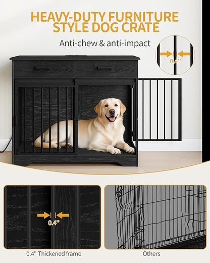 Hzuaneri 38.2'' Dog Crate Furniture with Charging Station, Barn Door Dog Kennel Indoor with 2 Storage Drawers, Wooden Pet Cage End Side Table for Medium/Large Dogs, Chew-Proof, Black DFC90304B