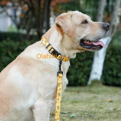Dog Collar Leash Set, Busy Bee Pattern, 5ft Matching Leash, Polyester Material, 4 for Small Medium Large Dogs.(L, Bee)