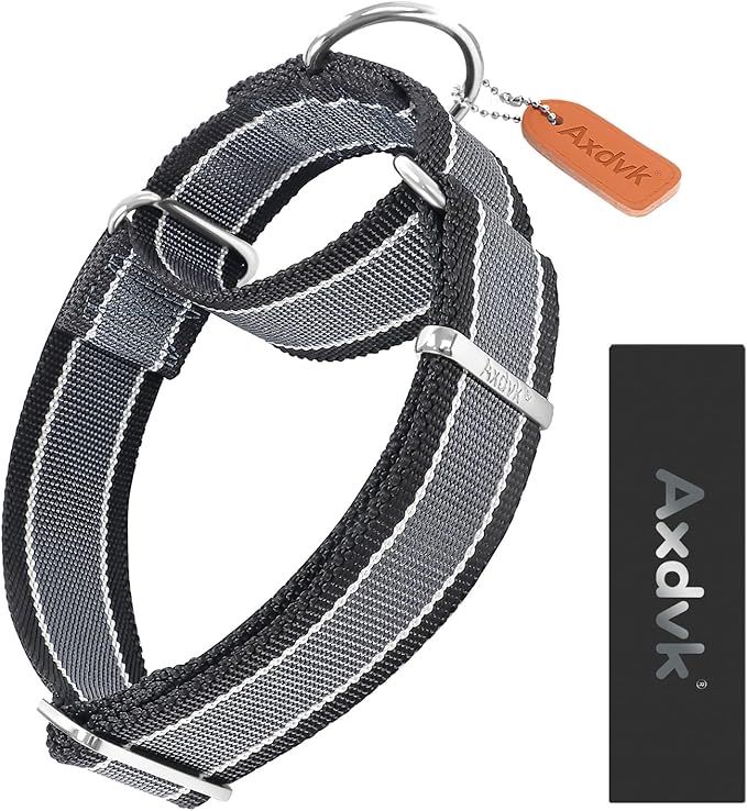 Martingale Collar 1.5 Inch Wide 1600D Extra Strong Anti Escape Nylon Dog Collar, No Pull Heavy Duty Pet Collars with 3-Color Stripe for Medium Dogs (M, Gray Blue & Black)