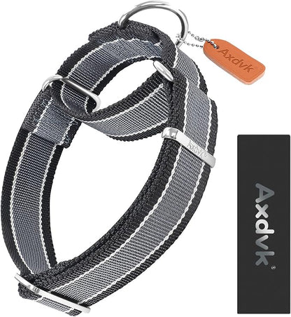 Martingale Collar 1.5 Inch Wide 1600D Extra Strong Anti Escape Nylon Dog Collar, No Pull Heavy Duty Pet Collars with 3-Color Stripe for Medium Dogs (M, Gray Blue & Black)