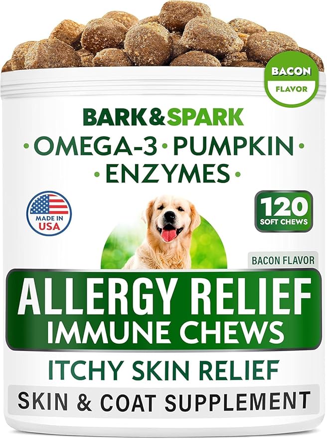 BARK&SPARK Dog Allergy Relief Soft Chews for Skin Health & Seasonal Allergies - Anti-Itch Supplement w/Omega-3, Quercetin & Bromelain Immune Treats for Dry Skin & Hot Spots - Bacon - 120ct