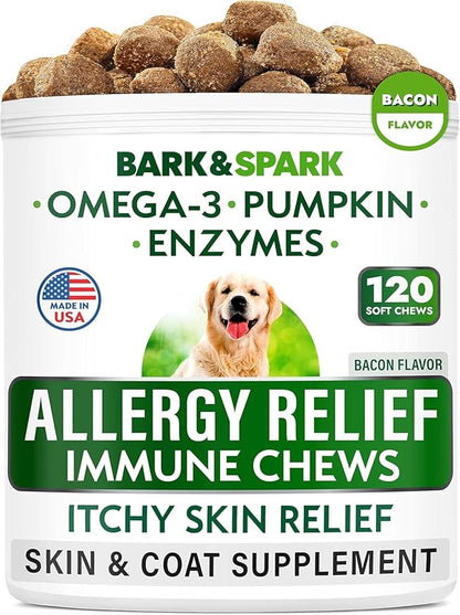 BARK&SPARK Dog Allergy Relief Soft Chews for Skin Health & Seasonal Allergies - Anti-Itch Supplement w/Omega-3, Quercetin & Bromelain Immune Treats for Dry Skin & Hot Spots - Bacon - 120ct