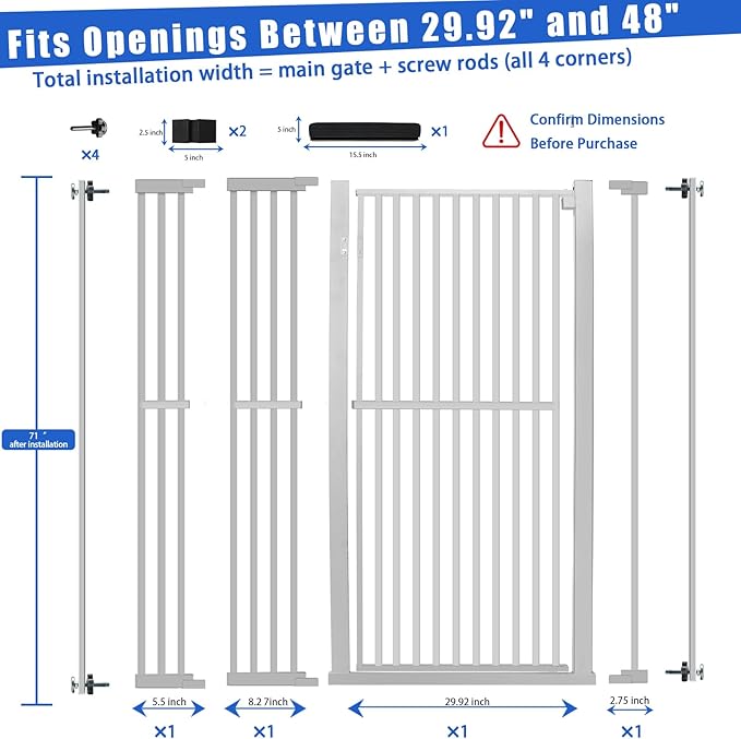 SHYUJAJIE 71 Inch Extra Tall Pet Gate for Cats, 29.5-48" Adjustable Wide Dog Gates, Pressure Mounted Walk Through Tall Cat Gate for Doorways,Hallway,Stairs,House（White）