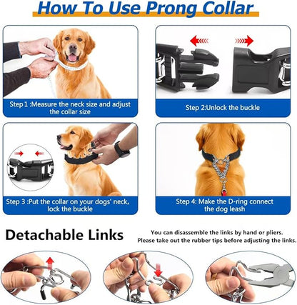 Prong Collar for Large Dogs with Nylon Cover, Dog Pinch Collar,Dog Training Collar,High Strength Quick Release Buckle,Comfort Rubber Tips (Black，4.0mm, 23.6-Inch)