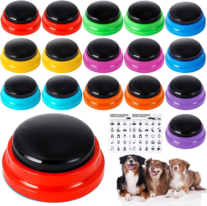 Jerify 16 Pcs Voice Recordable Dog Buttons for Communication Pet Cat Talking Buttons with Stickers 30 Seconds Interactive Speech Training Buzzers for Cat Pet Dog