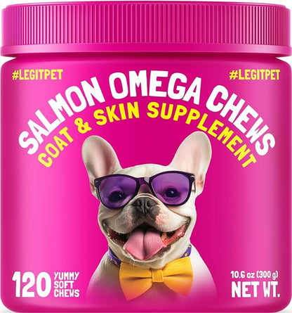 Omega 3 Alaskan Salmon Oil Treats for Dogs 120 Fish Oil Chew Supplement Skin and Coat Allergy and Itch Relief Hip & Joint Health Brain Shedding Hot Spots Treatment Omega 3 6 9 EPA & DHA Fatty Acids