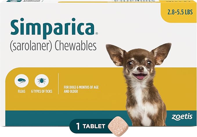Simparica (sarolaner) Chewables for Dogs, 5 mg/tab, 2.8-5.5 lbs (Gold), 1 Tablet