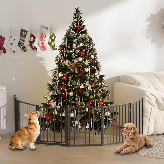 SNUOWU Full Metal Freestanding Dog Gate with Door, 24'' Height Foldable Pet Dog Fence for Indoor & Outdoor, 6 Panels Extra Wide Free Standing SmallDog Gates for Doorways,House,Stairs,Porch,Deck,Yard