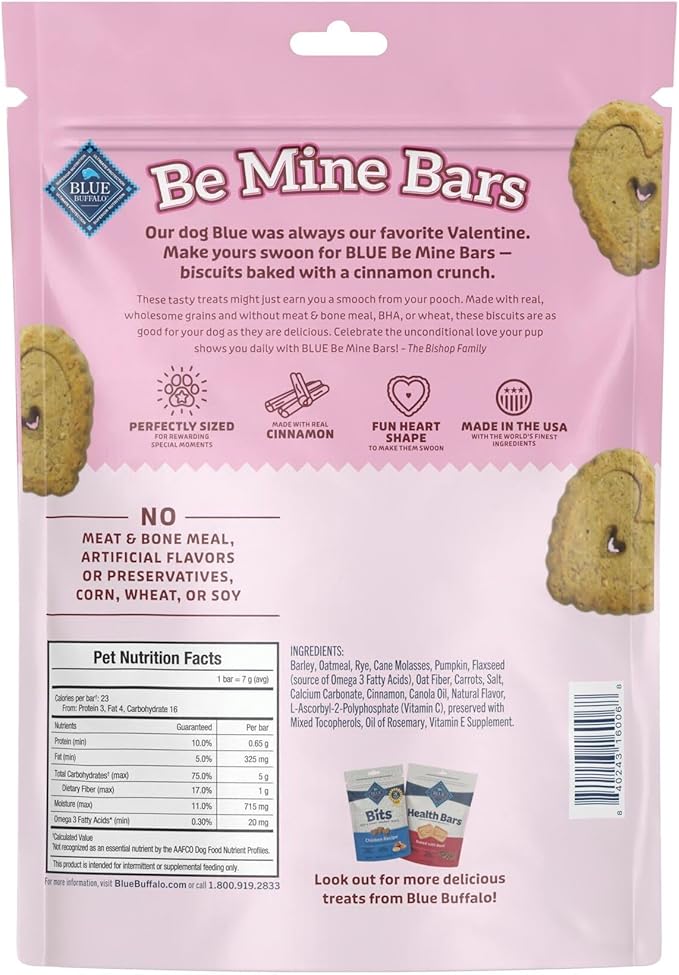 Blue Buffalo Be Mine Bars Heart-Shaped Healthy & Crunchy Dog Biscuits, Natural Valentine’s Dog Treats, Baked with Oatmeal & Cinnamon, 11-oz Bag (Pack of 4)