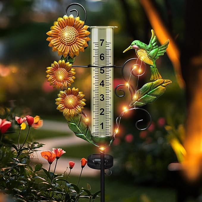 Rain Gauge Outdoor - Solar Rain Gauges with Lights Waterproof Metal Stake Hummingbird & Sunflowers Decorative Rain Gauge Freeze Proof 7" Measuring Cup for Garden Yard Lawn Decor