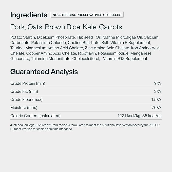 JustFoodForDogs JustFresh Wet Dog Food, Fresh Pet Meals and Toppers with No Preservatives, Resealable Package, Human Grade, Home-Cooked Pork, 12 oz - 7 Pack