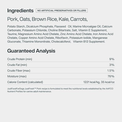 JustFoodForDogs JustFresh Wet Dog Food, Fresh Pet Meals and Toppers with No Preservatives, Resealable Package, Human Grade, Home-Cooked Pork, 12 oz - 7 Pack