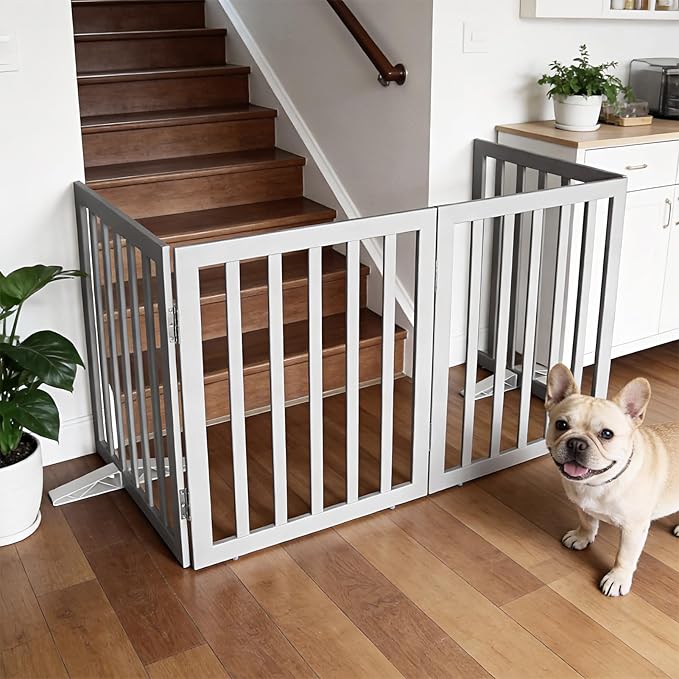 Dog Gate Indoor, Freestanding Dog Fence for The House, Doorways, Hallways,or Stairs,Pet Gate Foldable Wooden,Expandable 24" Height 3 Panels,Grey