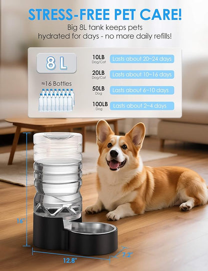 Heouvo 2.1 Gallon Automatic Dog Water Dispenser【Wide Mouth for Easy Hand-in Cleaning】【Removable Stainless Steel Bowl】, Gravity Refilling Large Capacity for Cats and Dogs, Multi-Pet Homes