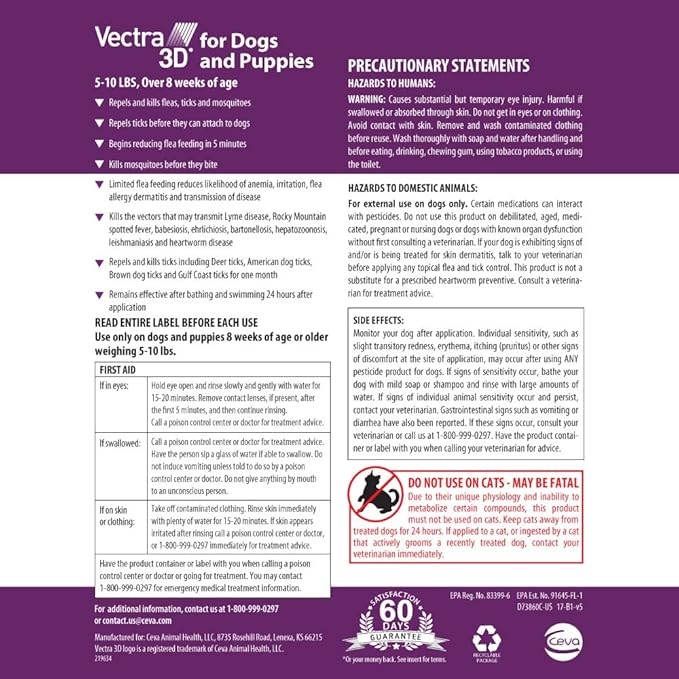 Vectra 3D for Dogs Flea, Tick & Mosquito Treatment & Prevention for Extra Small Dogs (5-10 lbs), 6 month supply