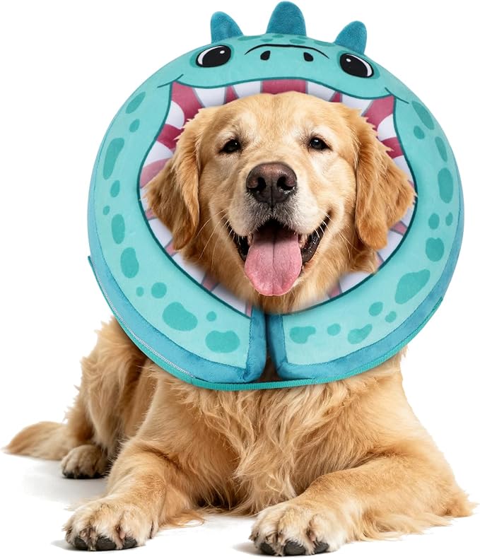 IEUUMLER Inflatable Recovery Dog Collar, Protective Donut Cone, Adjustable Soft Collar for Dog and Cat After Surgery Prevent from Biting & Scratching EU002 - Teal Dinosaur XL