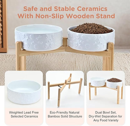 SPUNKYJUNKY Elevated Dog Bowls Ceramic, 8.3'' Dogs Food Water Bowls Raised with Non-Slip Bamboo Stand for Large Sized Breed Microwave Dishwasher Safe - 60 OZ,Skull White