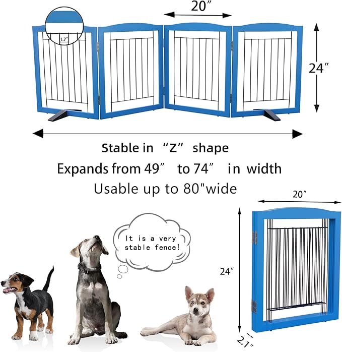 ZJSF Freestanding Dog Fence Indoor, Foldable Dog Gate for Doorways, Stairs or Hallways, Sturdy Wood Extra Wide Pet Gate with Support Feet for The House, Blue, 24 "Height-4 Panels