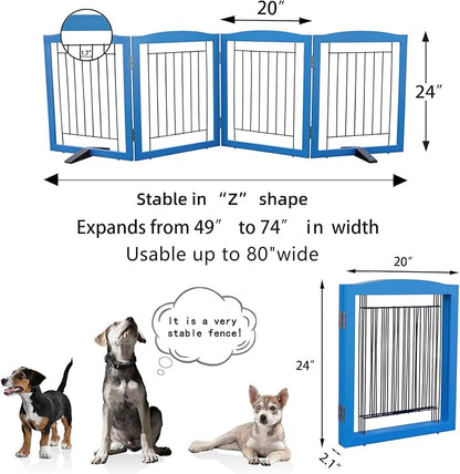 ZJSF Freestanding Dog Fence Indoor, Foldable Dog Gate for Doorways, Stairs or Hallways, Sturdy Wood Extra Wide Pet Gate with Support Feet for The House, Blue, 24 "Height-4 Panels