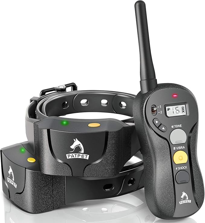 PATPET 2 Dogs Training Collar with Remote - IPX7 Waterproof Shock Collar for 2 Dogs with 3 Modes (Beep/Vibration/16 Levels Static), 3000FT Rechargeable E Collar for Medium Large Dogs (10-140 lbs)
