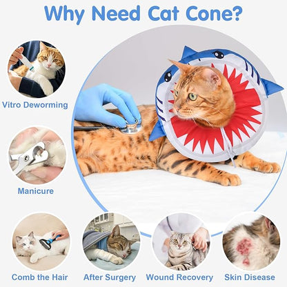 BEAUTYZOO Cat Cone Collars Soft, Cat Recovery E Collars After Surgery to Stop Licking, Adjustable Elizabeth Circle Collar Cute Pet Donut Pillow for Cats Kitten Small Dogs, Cute Shark M