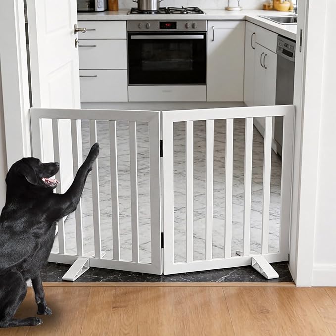 ZJSF Freestanding Indoor Dog Gate for House Foldable Wood White Puppy Gate for Doorways Pet Gate for Stairs Extra Wide Pet Fence 24" Height 2 Panels