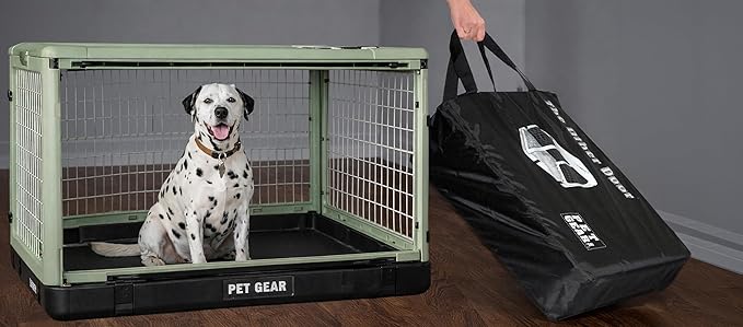 Pet Gear “The Other Door” 4 Door Steel Crate for Dogs/Cats with Garage-Style Door, Includes Plush Bed + Travel Bag, No Tools Required, Green Clover, 42 Inch