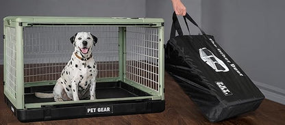 Pet Gear “The Other Door” 4 Door Steel Crate for Dogs/Cats with Garage-Style Door, Includes Plush Bed + Travel Bag, No Tools Required, Green Clover, 42 Inch