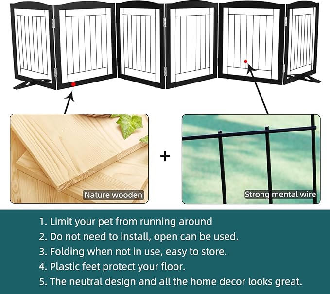 ZJSF Freestanding Dog Fence Indoor, Foldable Dog Gate for Doorways, Stairs or Hallways, Sturdy Wood Extra Wide Pet Gate with Support Feet for The House, Black, 24 "Height-6 Panels
