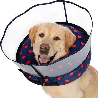 Inflatable Dog Cone Collar with Enhanced Anti-Licking Shield – Soft Adjustable Recovery Collar for Dogs & Cats After Surgery – Fits Large, Medium, Small Pets (Blue Love, Large)