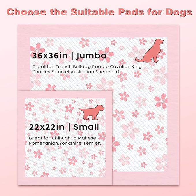 MIZOK 36x36in Puppy Pads Pink, Dog Pee Pads Leak-Proof with Quick-Dry Surface, Dog Pads Extra Large with Cherry Blossom Prints, Pee Pads for Dogs Super Absorbent (100 Count)