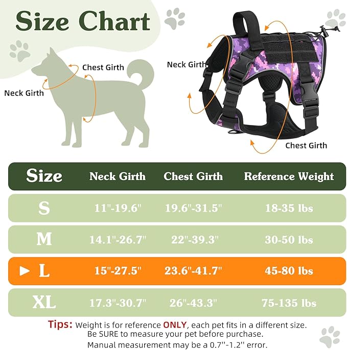 VavoPaw Heavy Duty Tactical Dog Harness for Large Dogs, No Pull Adjustable Pet Harness Reflective Service Training Easy Control Pet Vest Military K9 Working Dog Harnesses, Purple Camouflage, L